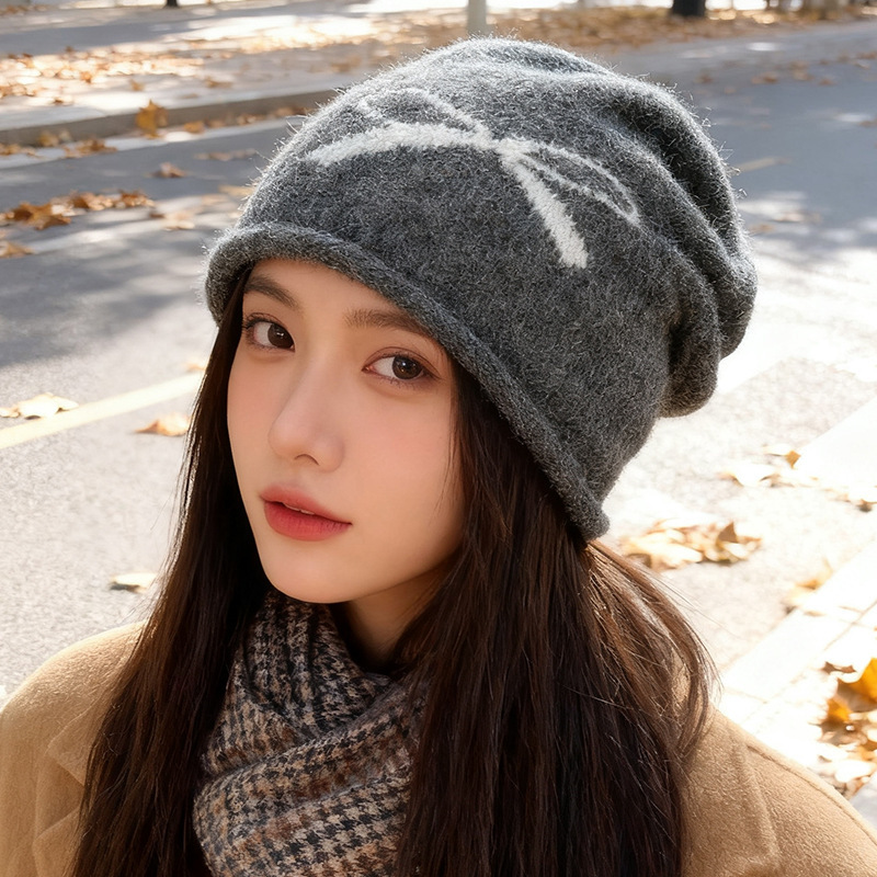 秋冬日系复古帽子女蝴蝶结包头帽大头围显脸小堆堆帽针织保暖冷帽|undefined