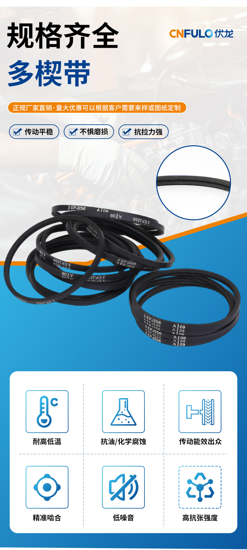 Elastic multi-ribbed belt CR/EPDM double-sided transmission belt agricultural machinery engine parts Volong multi-ribbed V-belt
