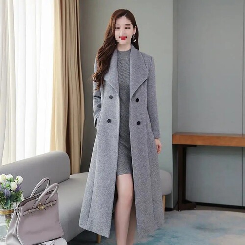 Coat for Spring and Autumn - New Woolen Coat for Women, Knee-Length, Thickened, Plus Size, Collar-Style, Extra Long, Fitted Waist Outerwear