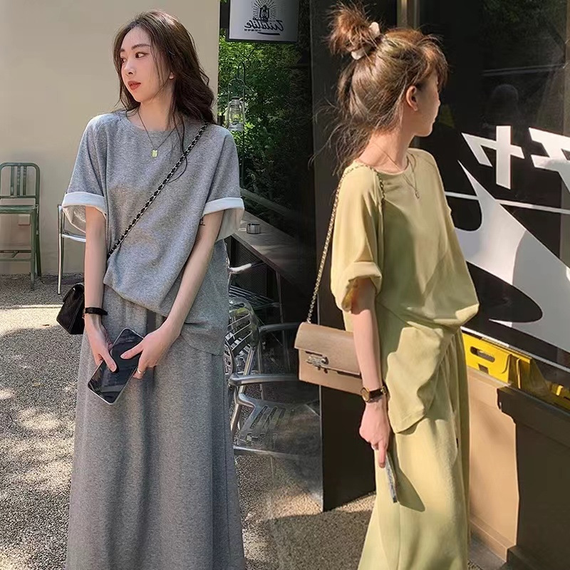 2023夏季清晰减龄绿色休闲两件套纯色短袖T恤+中长显瘦半身裙运动