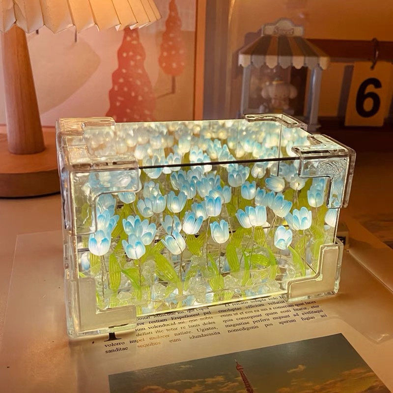 Cubo rectangular de tulipas tridimensionales lámpara nocturna DIY material paquete de chicas regalos amantes amigos creativos