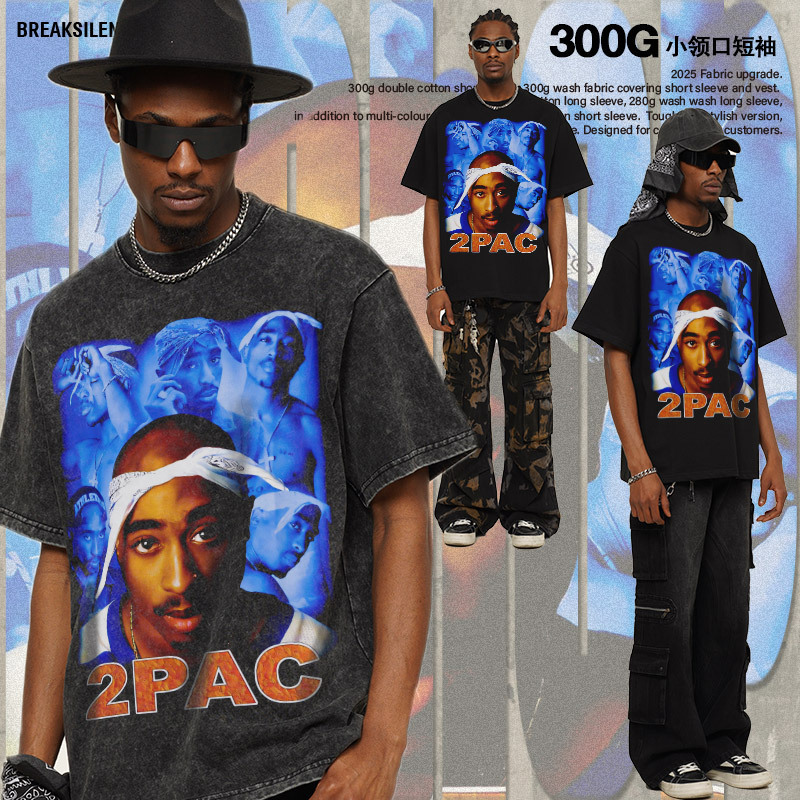 2025 Cross-border Tupac American Style vintage Men's Pure Cotton T-shirt Direct Injection Printed High Street Fashion Brand Short-sleeved Men