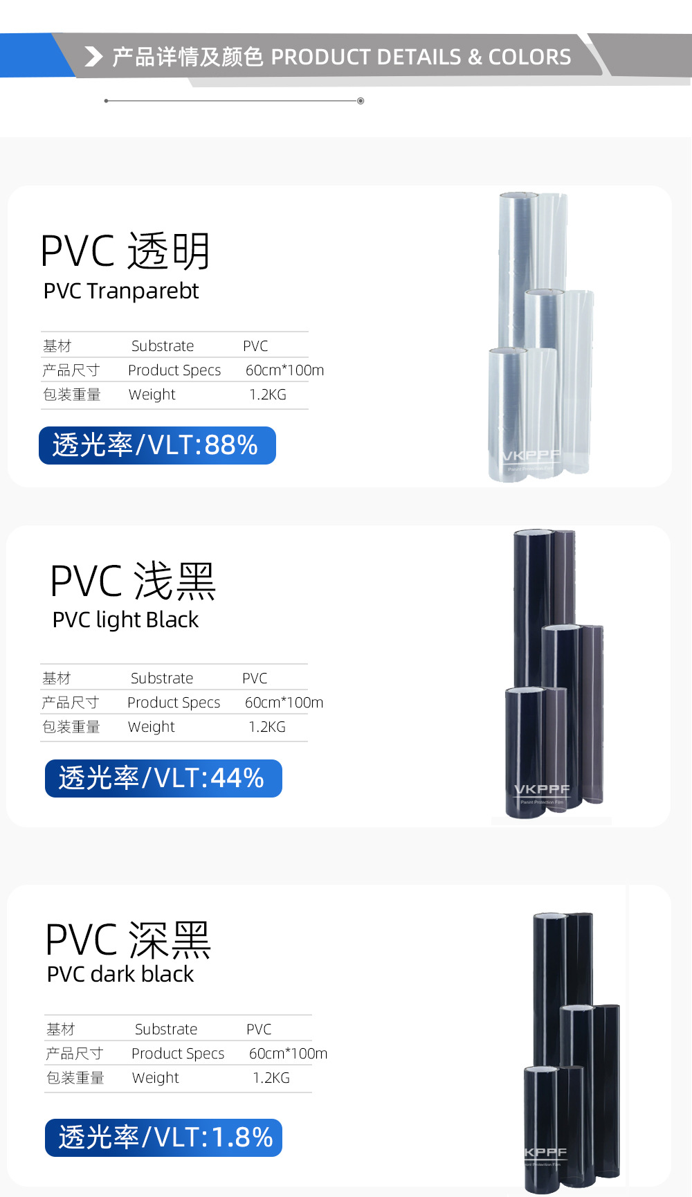 VKPVC headlight protective film, high light transmittance, scratch-resistant, anti-yellowing, car light surface color-changing transparent protective film, direct factory sales
