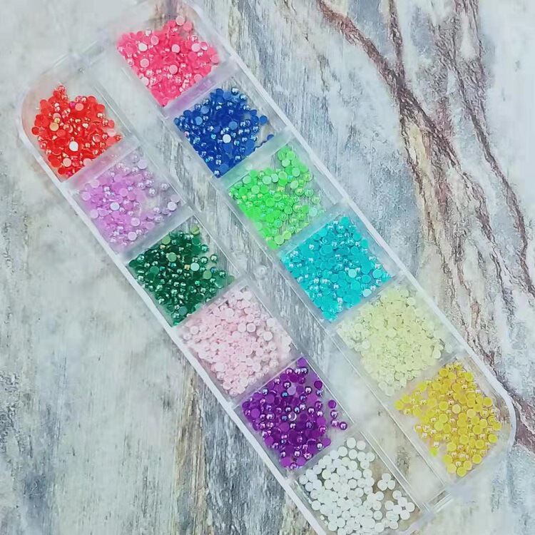 Foreign trade hot-selling nail accessories AB color acrylic 2mm semicircle flat color Pearl twelve strips boxed