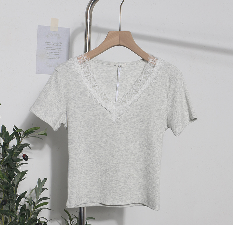Summer Romantic Lace V neck Sexy T shirt Short Small Slim Short Sleeved Tops