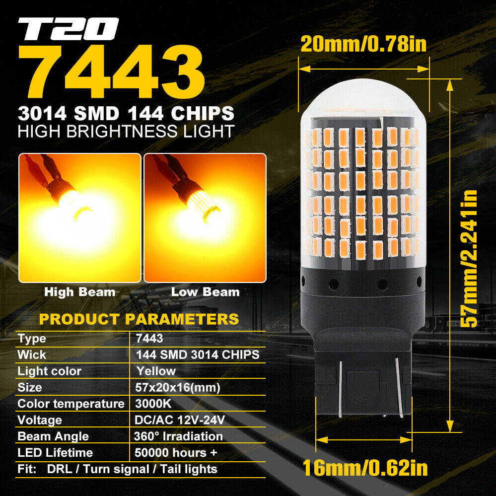 Nuevo automóvil LED luz de dirección 7443 T20 3014 144smd luz de freno de alto brillo decodificación anti-estroboscopia