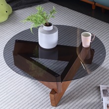 简约现代北欧风家用实木茶几钢化玻璃圆形创意艺术小户型轻奢茶桌