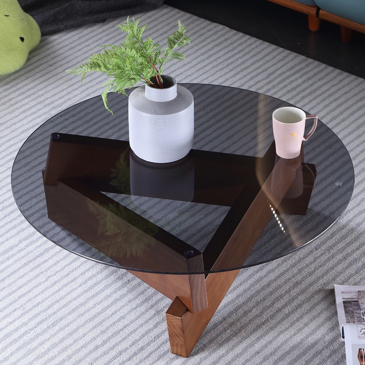 简约现代北欧风家用实木茶几钢化玻璃圆形创意艺术小户型轻奢茶桌