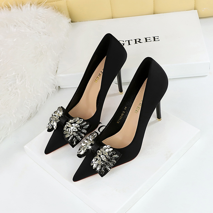18249-H3 European And American Style Banquet Women's Ultra High Heels Shallow Mouth Pointed Toe Satin Rhinestone Bow_vogvips.com