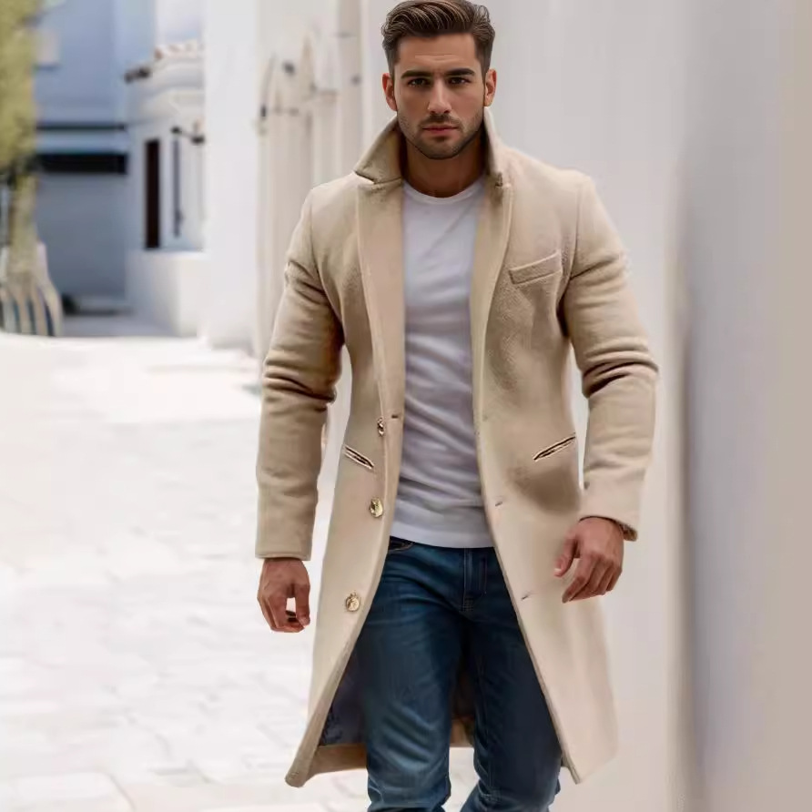 Suit collar men's autumn and winter new mid to long single breasted woolen coat_voghion.com