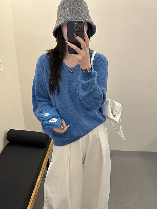 蓝色鸡心领毛衣女秋冬季2025新款时尚洋气宽松显瘦外穿上衣针织衫|undefined