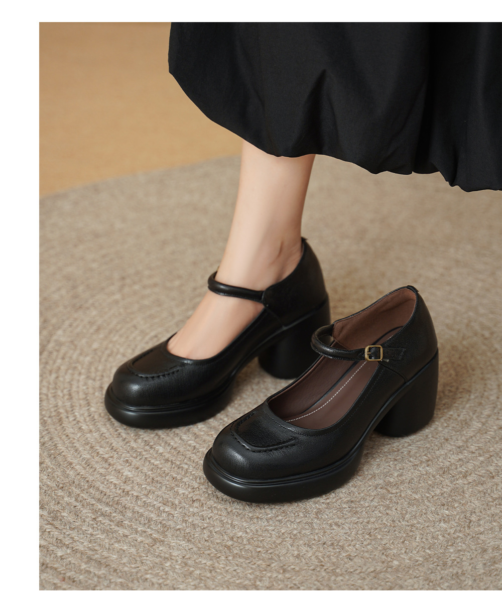 Giày Mary Jane nữ đế dày gót thô 8 cm, da dê mềm, quai ngang khóa — màu nâu chi tiết 5