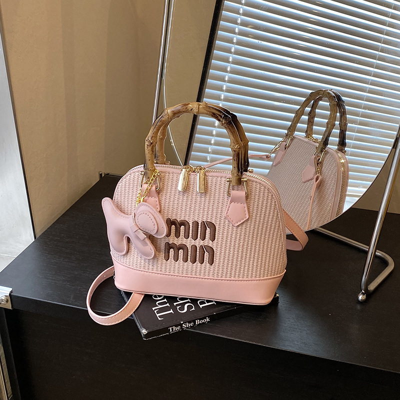 Bolso diagonal de un solo hombro de color de contraste de moda Bolso de canasta de bambú tejido de paja Bolso de monedero informal ligero Bolso femenino