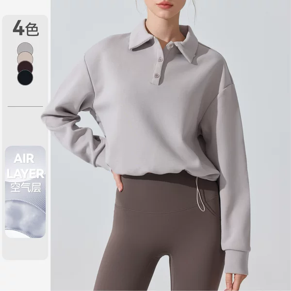 Cross-Border Air Layer Sports Sweatshirt Drawstring Yoga Fitness Long-Sleeve Top for Women, Lazy Style Loose Sports Jacket for Autumn