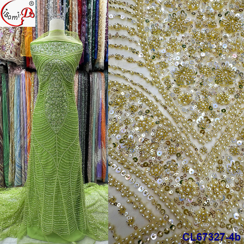 罗马花纹绣亮片花网纱重工串珠面料 bridal sequins lace fabric