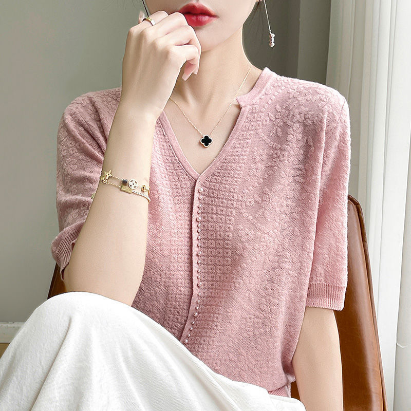 [Cashmere Family] Solid Color Mulberry Silk Top for Women, Short-Sleeved V-Neck Beaded Crochet Ice Silk Knitwear, Thin T-Shirt