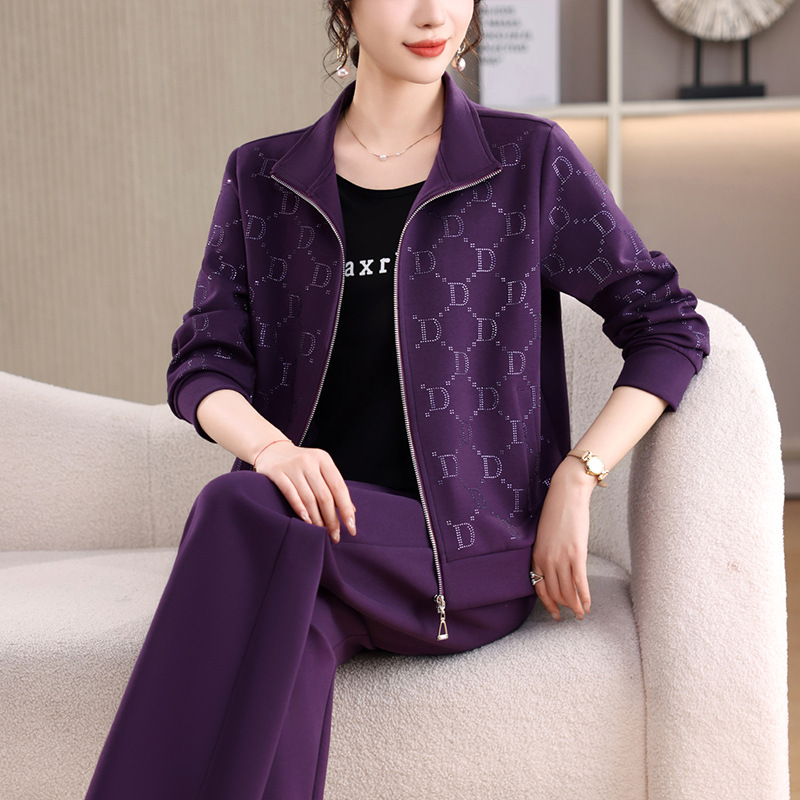 Primavera y otoño nuevo abrigo de moda para madres de mediana edad, camiseta exterior, chaqueta de tres piezas