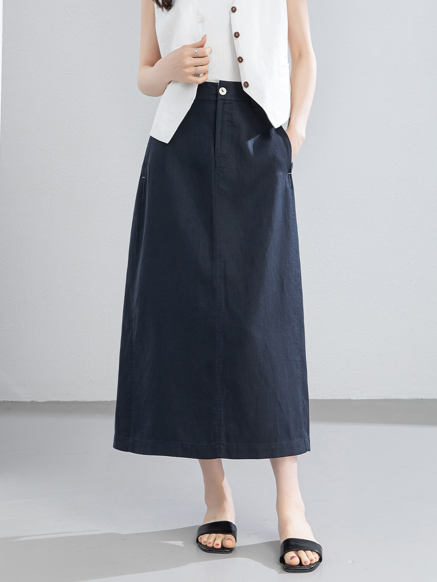 Chân váy chữ A dáng dài nữ chất liệu linen phối sợi tencel, thiết kế che khuyết điểm eo hông — màu xanh navy