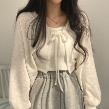 设计感绑带灯笼袖网纱女ins夏季时尚小众复古百搭短款薄款开衫上1