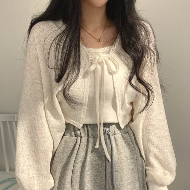Design Sense Strap Lantern Sleeve Mesh Women's Ins Summer Fashion Niche Retro All-match Short Thin Cardigan Top 1 Design Sense Strap Lantern Sleeve Mesh Women's Ins Summer Fashion Niche Retro All-match Short Thin Cardigan Top 1