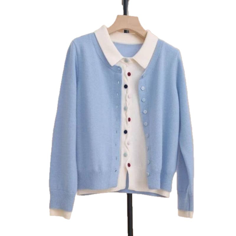2025 primavera y otoño nuevas damas falsas dos piezas de camisa de punto cardigan de color botón solapa interior con suéter suelto