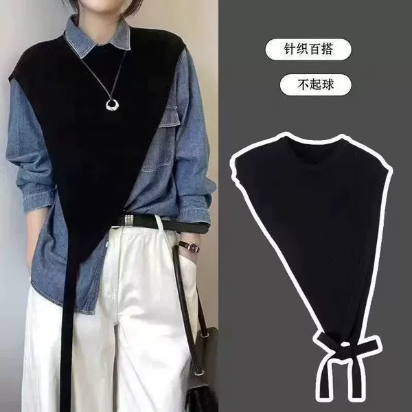 2025 New Spring High-End Retro Niche Design Triangle Knitted Shawl Layered Pullover Vest for Women with Slanted Shoulders