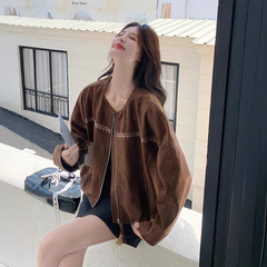 圆领短款麂皮绒外套女2025秋季新款设计感小众复古休闲夹克上衣潮