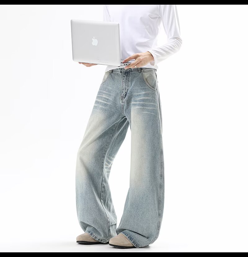 Vintage Washed Straight Leg Jeans For Men And Women, Comfort Fit Denim Trousers With Classic Whiskering, Retro High-Street Style_viptrois.com