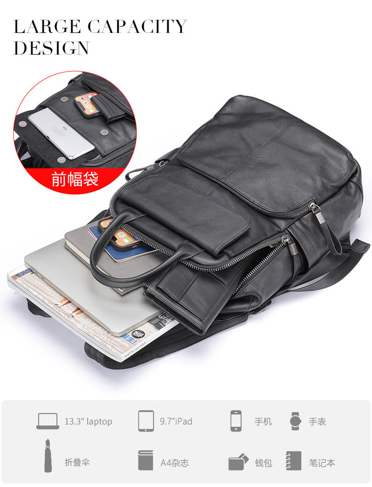 Ba lô nam da bò thật đa năng công sở đựng laptop 14 inch — Cà phê, Vải dệt trơn màu đen, màu đen, Màu nâu cà phê chi tiết 21
