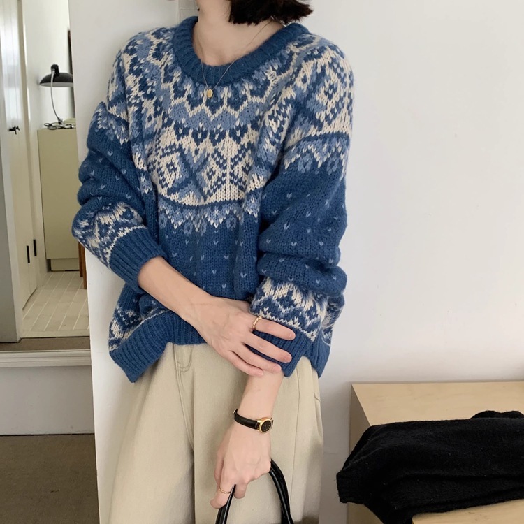 复古费尔岛提花毛衣女秋冬氛围感针织衫套头毛衣春秋季慵懒风加厚|undefined