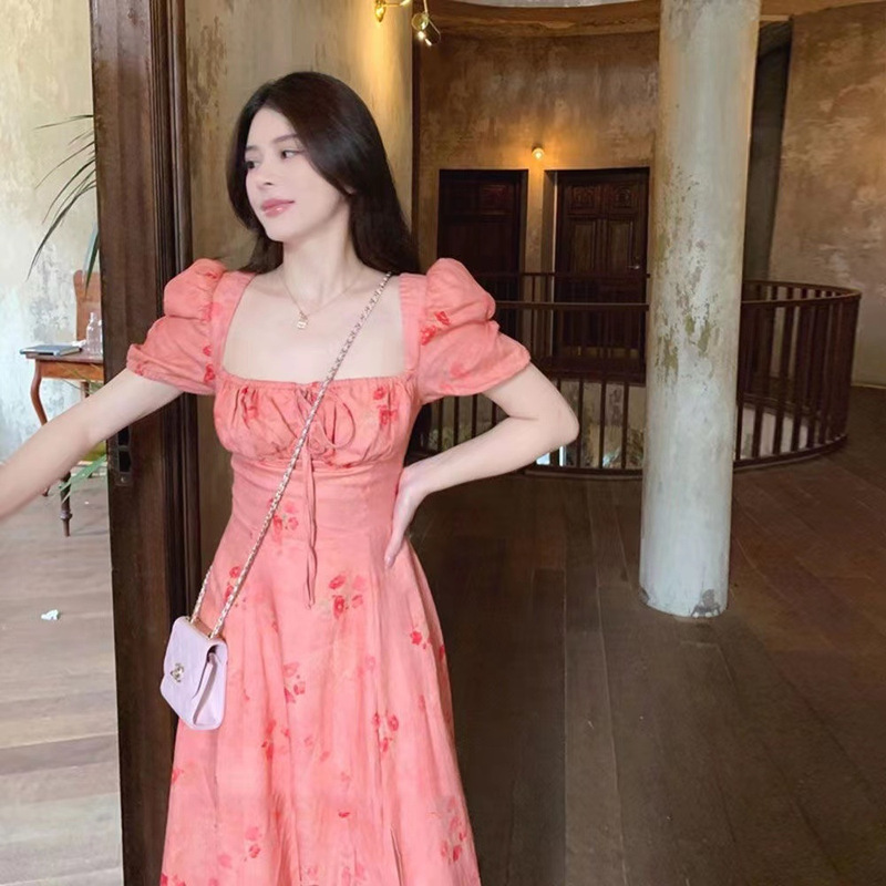 Summer 2024 New Rouge Sakura French Slimming Age-reducing Holiday dress A- line Dress Long Pure Fashion