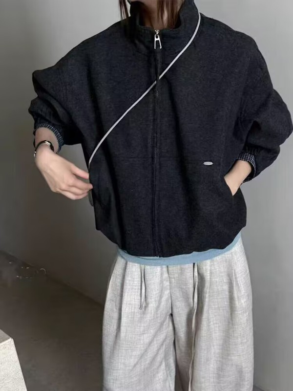 高端撞色格子袖口立领百搭宽松显瘦毛呢夹克女外套2025秋季新款潮|undefined