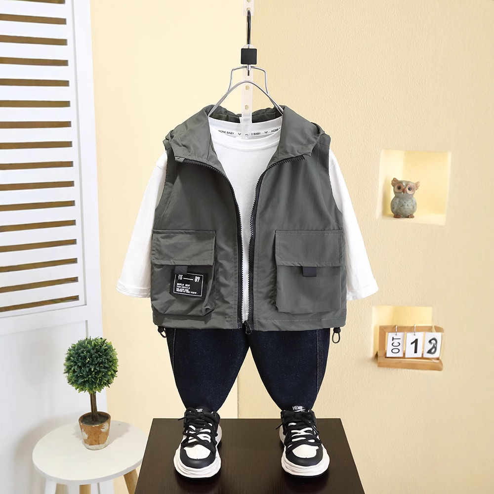 7527 Chaleco para niños Primavera para niños Chaqueta sin mangas con capucha delgada 2025 Nuevo estilo de primavera y otoño Tops casuales Trendy