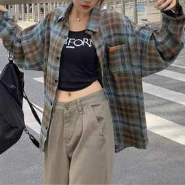 蓝色格子衬衫外套女宽松慵懒风2025春夏新款休闲百搭长袖衬衣