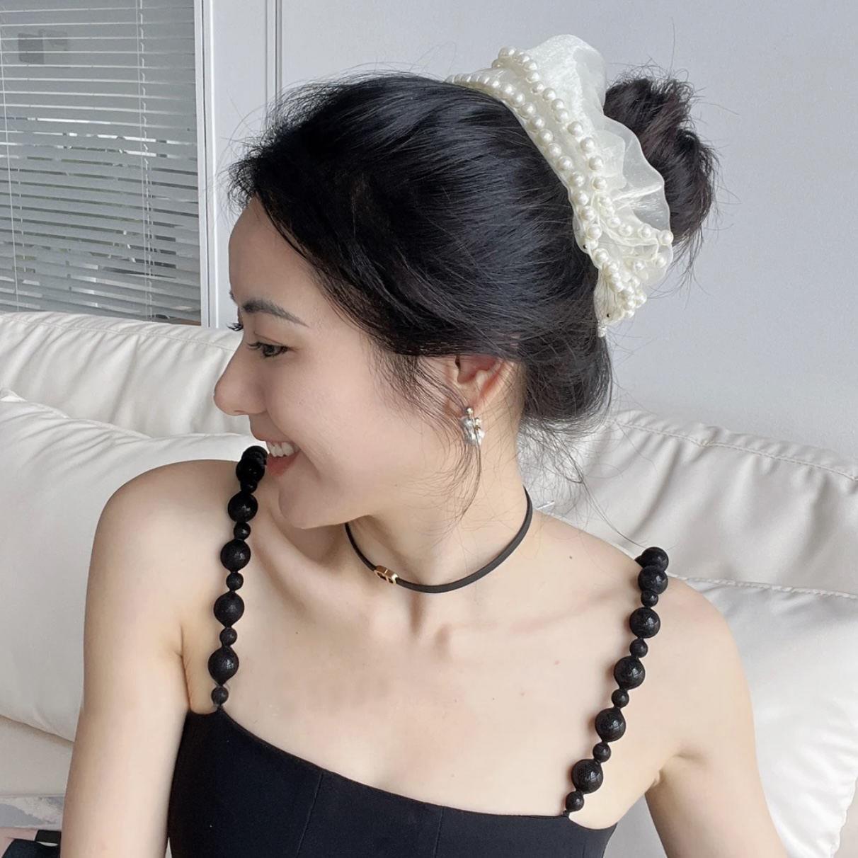 Anillo de cabello de alto grado de perla de estilo Hepburn estilo famoso temperamento anillo de cabello de 2024 nuevo cabello de correa de correa