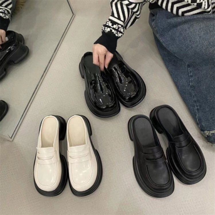 Thick-Soled Closed-Toe Half Slippers, Height-Increasing Round-Toe Women's Leather Shoes, Spring/Summer Loafers, British Style, Size 35/25 for Adults