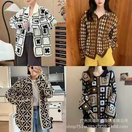 东大门早秋新款设计感菱格镂空设计开衫复古宽松针织衫外套