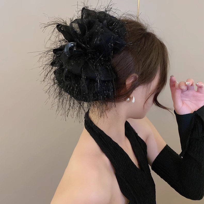 Advanced Satin Satin Big Black Bowknot Clip de tiburón Tocado Diamante cuadrado Horquilla en la parte posterior de la cabeza Clip de agarre Horquilla femenina