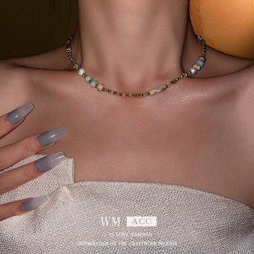 Baroque Freshwater Pearl Colored Natural Stone Necklace Simple Temperament Clavicle Chain Light Luxury High-end Necklace for Women
