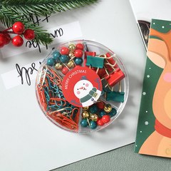 Christmas Creative Spring Clips Tail Clips Push Pins Four-Grid Round Box Stationery Set Red Green Gold Cultural Gifts Binding Gifts