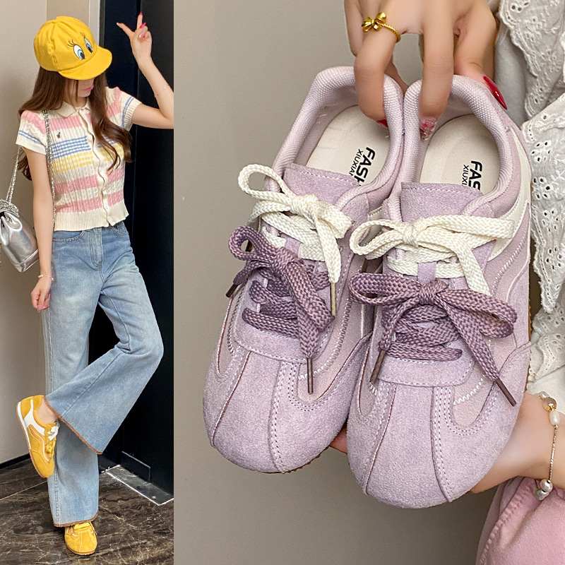 Retro Yellow Trendyy Lace-Up Flats-Soled Moral Training Shoes for Women 2025 New Autum Casual Lightweight Forrest Gump Shoes