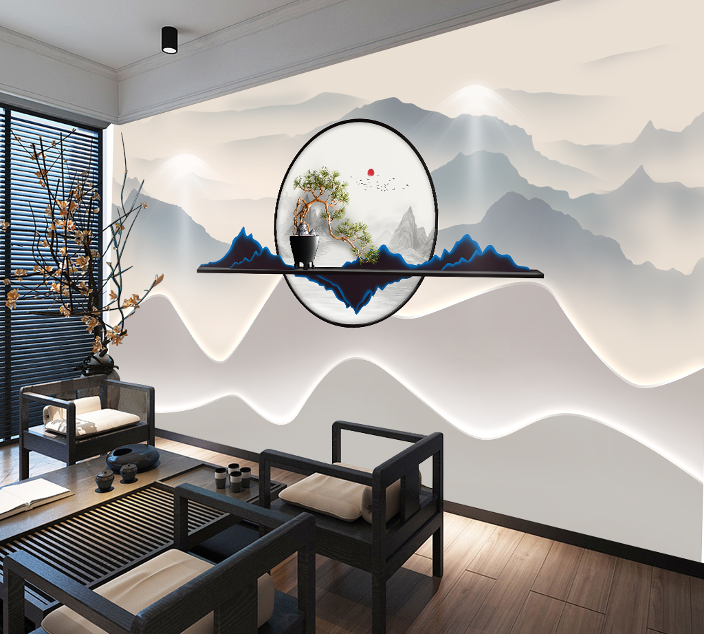 3D立体新中式墙纸客厅茶室装饰背景墙壁纸养生酒店美容院墙布