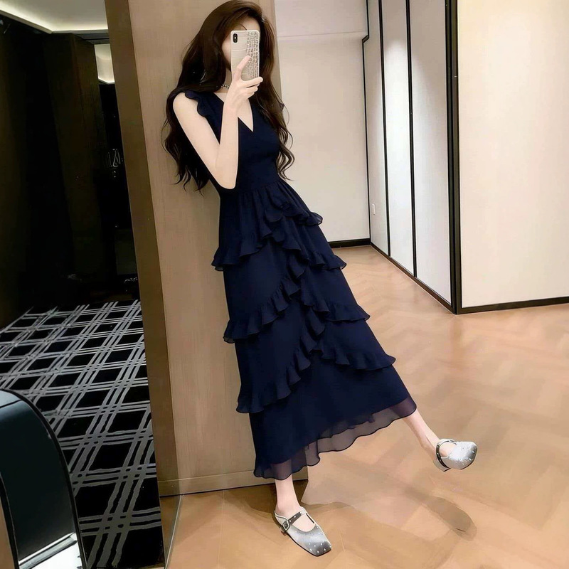 Resort Style Dark Blue Ruffled V-Neck Dress for Women, New Summer Style, Elegant Cake Dress, A-Line Long Dress Resort Style Dark Blue Ruffled V-Neck Dress for Women, New Summer Style, Elegant Cake Dress, A-Line Long Dress