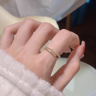 旭日 Simple double-layer open ring Zircon honeycomb fashionable personality ring ins versatile adjustable ring for women