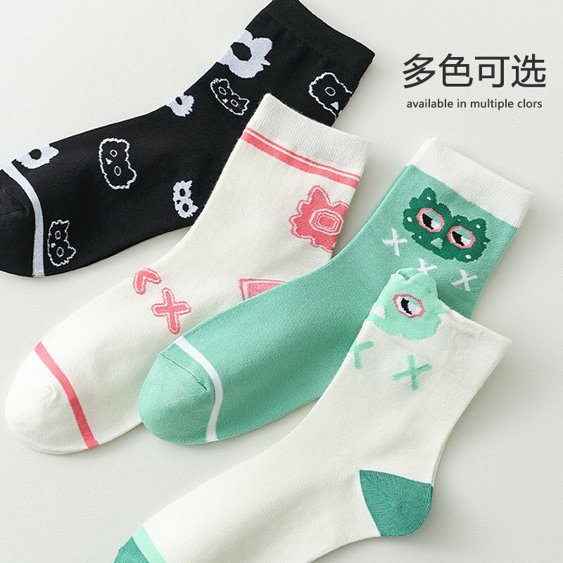 Cartoon Owl Socks Women's Mid-length Socks Women's Spring and Autumn Pure Cotton Odor-proof Stockings Casual Ins Fashionable Internet Popular Socks