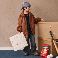 2025秋季童装新款男中大童字母压花帅气皮衣翻领外套儿童机车夹克