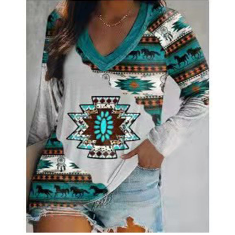 Ethnic Style Positioning Print V-Neck Long-Sleeved T-Shirt NSLZ85502