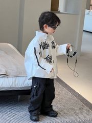 貌貌媽兒童韓版字母塗鴉襯衫2024春季新款男童休閒日系白襯衣外套