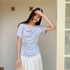 Qifan 2025 夏の新スタイルブルースイングカラー Tシャツレディース半袖リラックステンセルウエストシャツトップ 85769