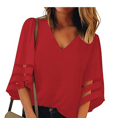 2026Ebay Amazon European and American Plus-Size Mesh Patchwork Women's V-Neck Mesh Bell-Sleeve Loose Top in Stock